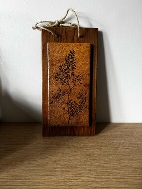 Handcrafted Wood and Tile Wall Plaque with Botanical Design - Brown